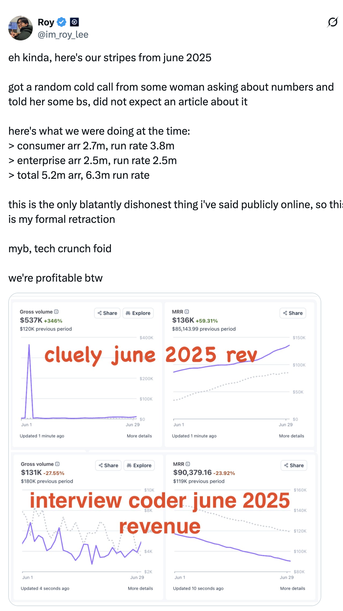 Roy Lee's tweet admitting to lying about Cluely's revenue numbers