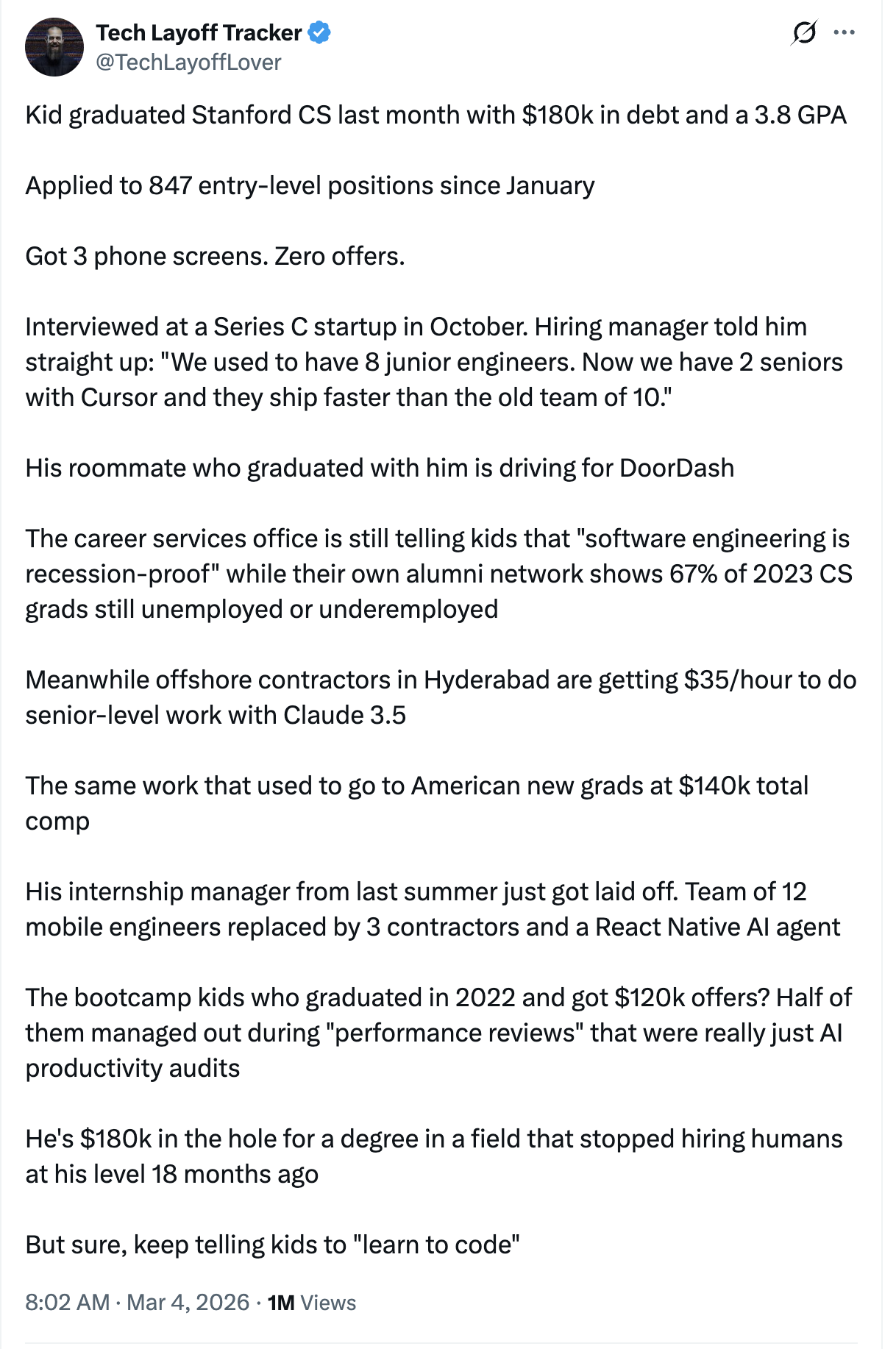 Tweet from @TechLayoffLover about a Stanford CS grad with $180k debt and zero job offers